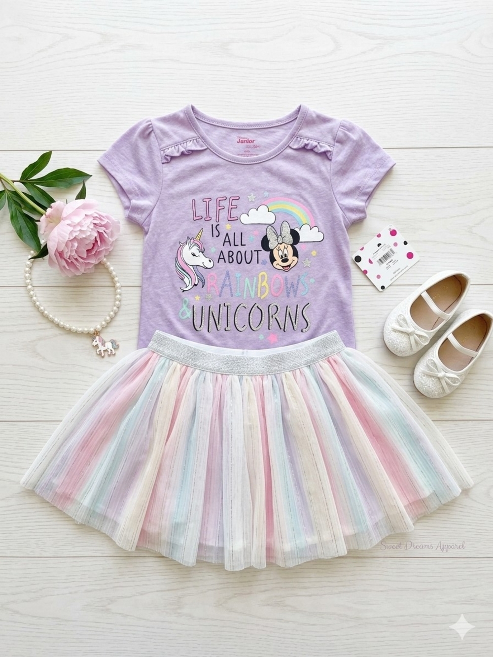 Lilac Unicorn & Rainbow Tee with Pastel Tulle Skirt